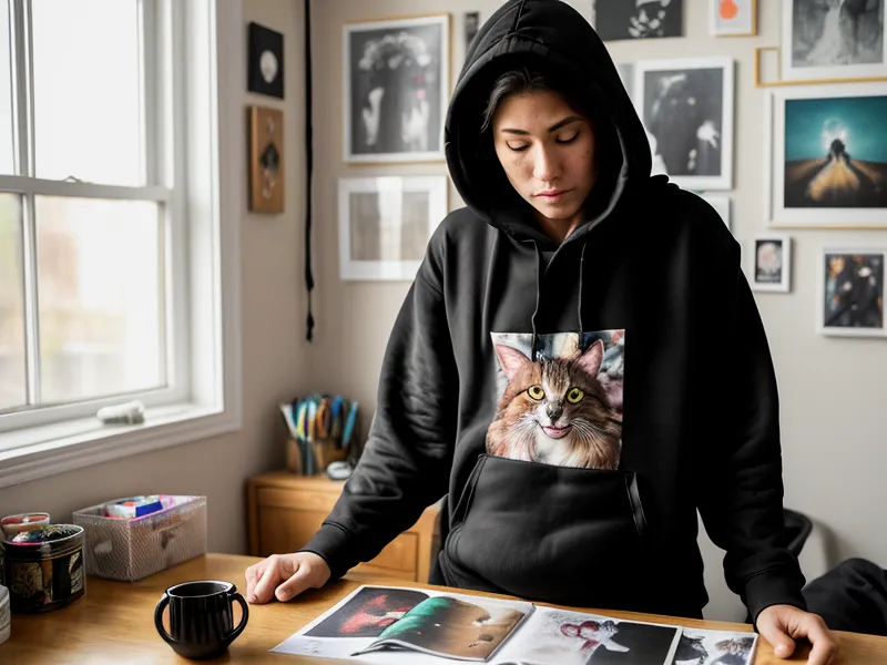 Ejemplo de pelado prematuro en un diseño DTF sobre una sudadera negra con bordes despegados