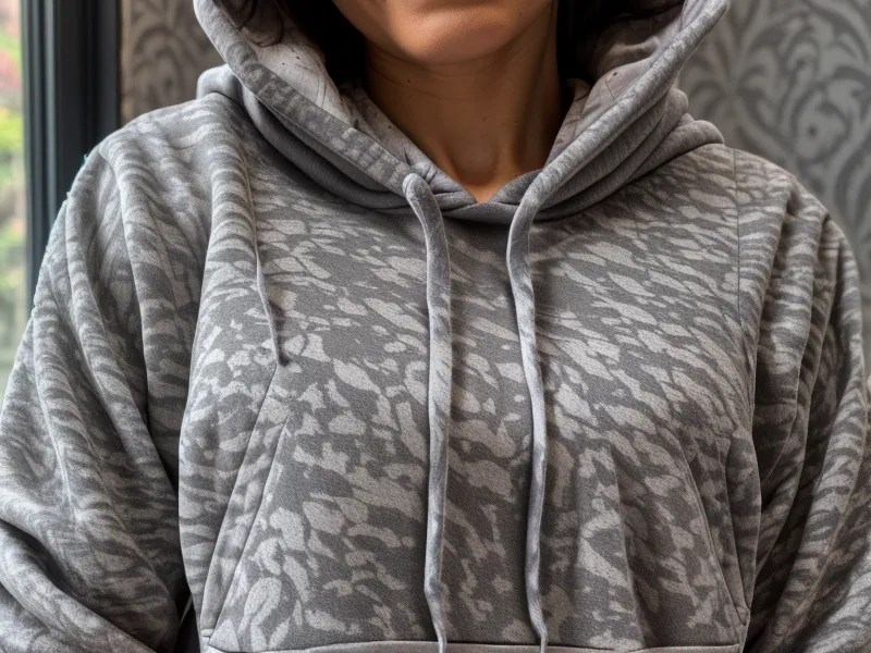Detalle de la textura final de un estampado DTF casero en una sudadera de algodón