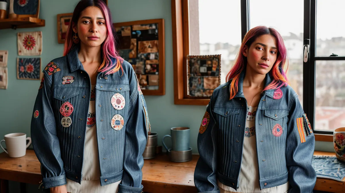 Parche personalizado con diseño DTF prensado sobre el bolsillo de una chaqueta de mezclilla