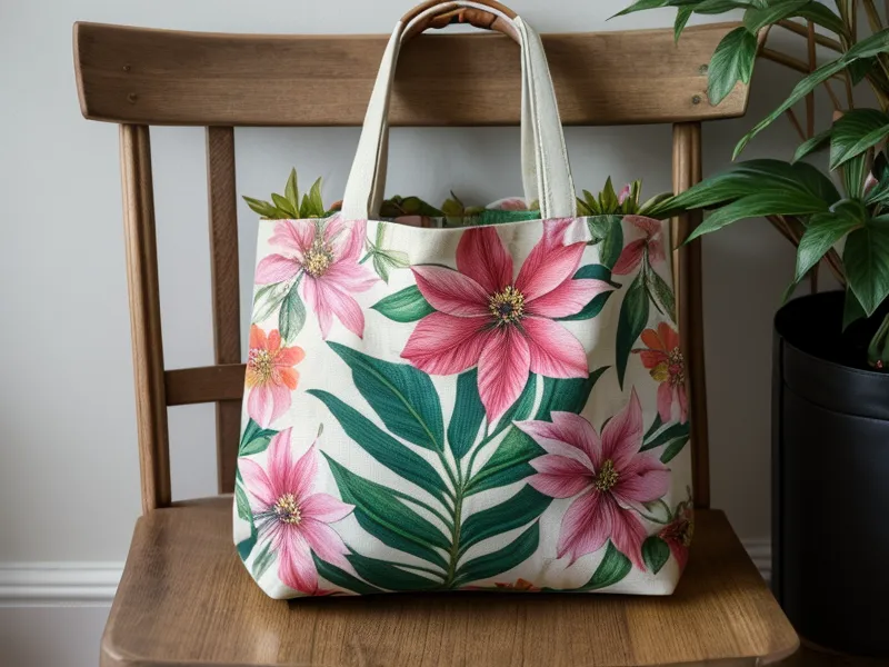 Bolsa de tela con estampado DTF terminado, ejemplo de diseño hobby armado por capas en Procreate