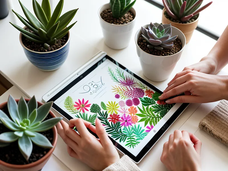 Manos ilustrando en Procreate un diseño botánico de sublimación con espacio negativo
