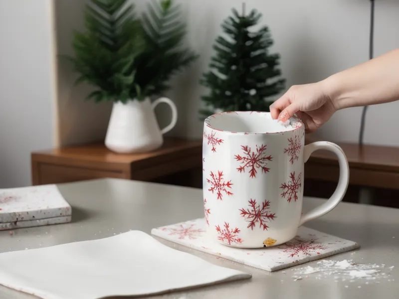 Manos retirando el papel de sublimación de una taza de cerámica personalizada terminada