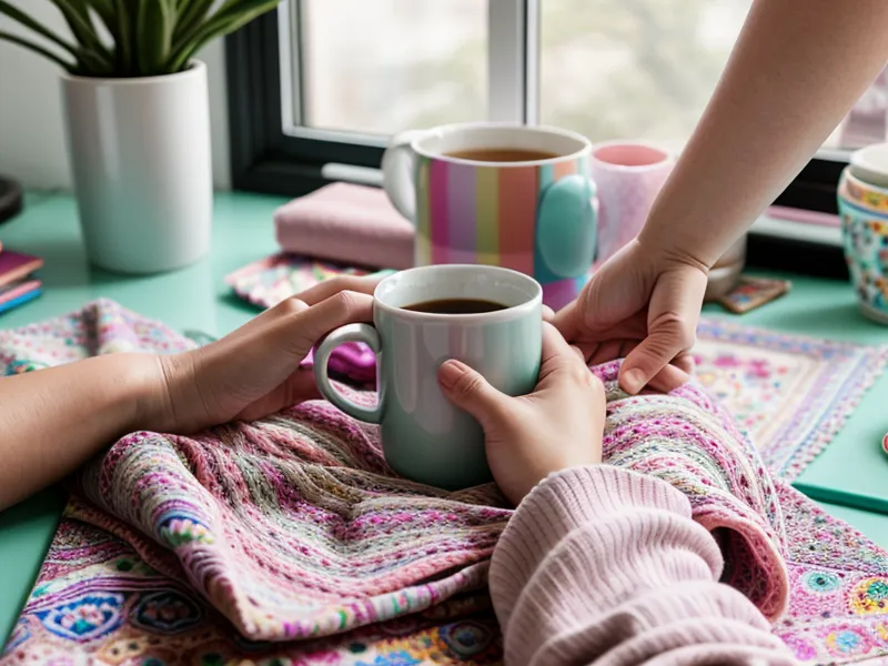 Manos colocando una taza personalizada en la prensa térmica para transferir un diseño navideño