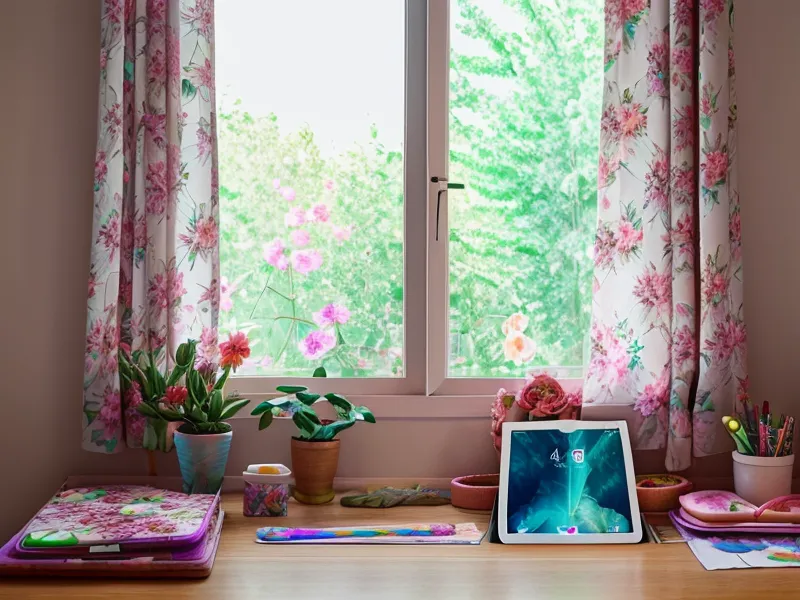 Diseño floral de sublimación abierto en Procreate junto a hojas de transferencia DTF ya impresas sobre la mesa de trabajo