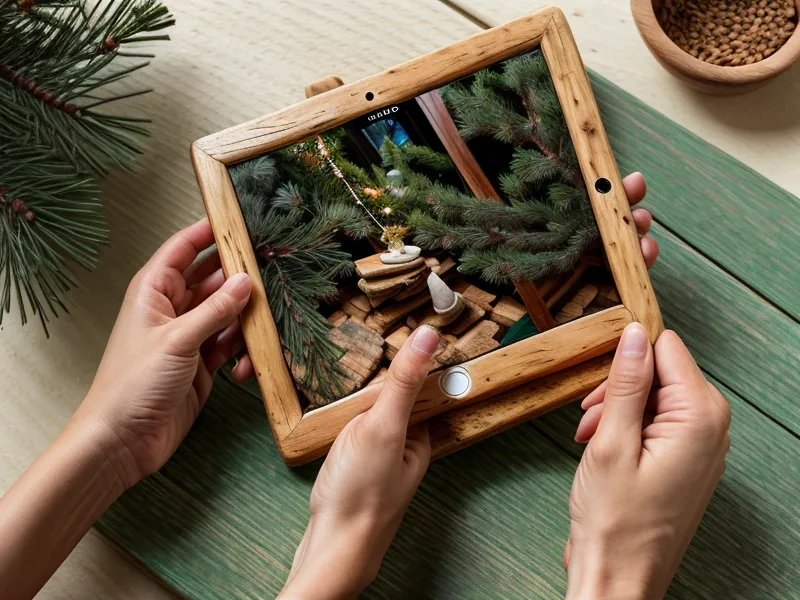 Manos sosteniendo madera de pino junto a un diseño botánico en Procreate.