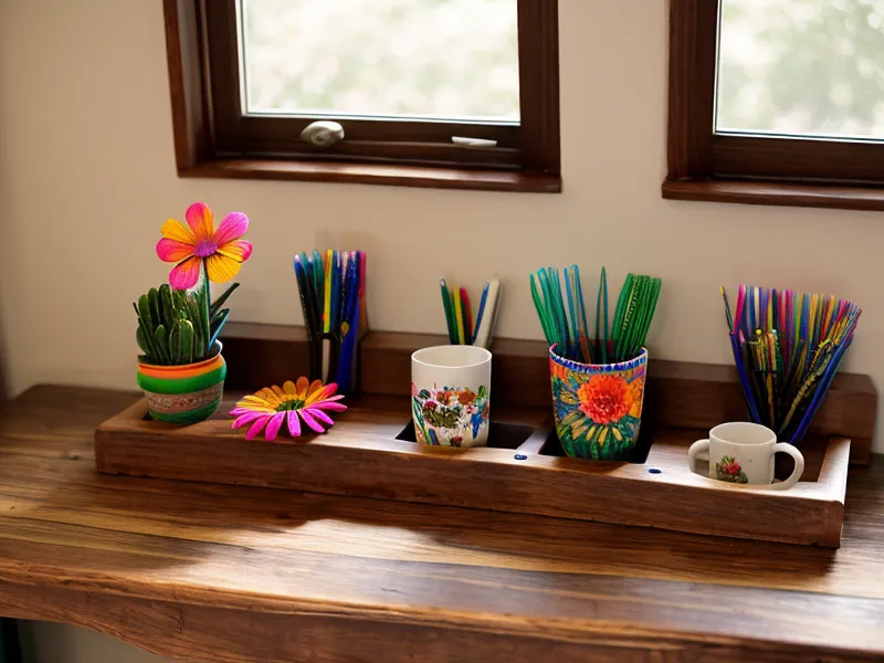 Organizador de escritorio de madera terminado con diseños vibrantes de flores mexicanas.
