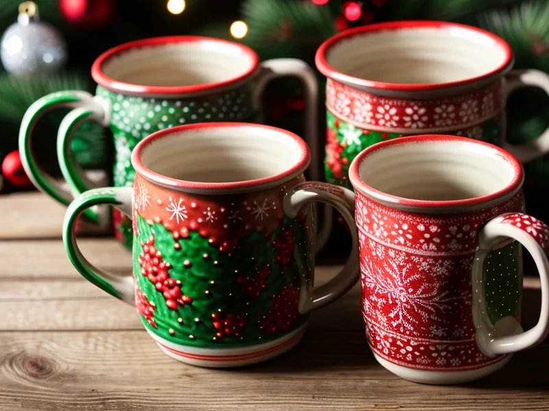 Tazas navideñas personalizadas terminadas sobre la mesa del recalentado, resultado del taller casero de DTF