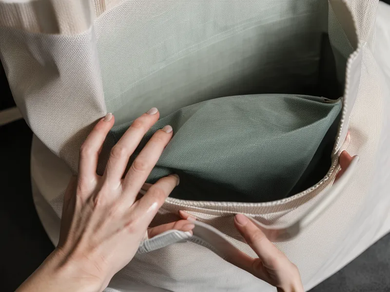 Despegue en frío del film DTF sobre una bolsa de tela personalizada.
